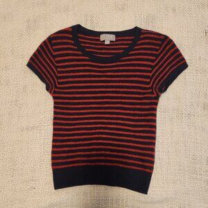 J. Crew Cashmere Navy Blue and Red Cap-Sleeve Cropped T-Shirt, Size XS